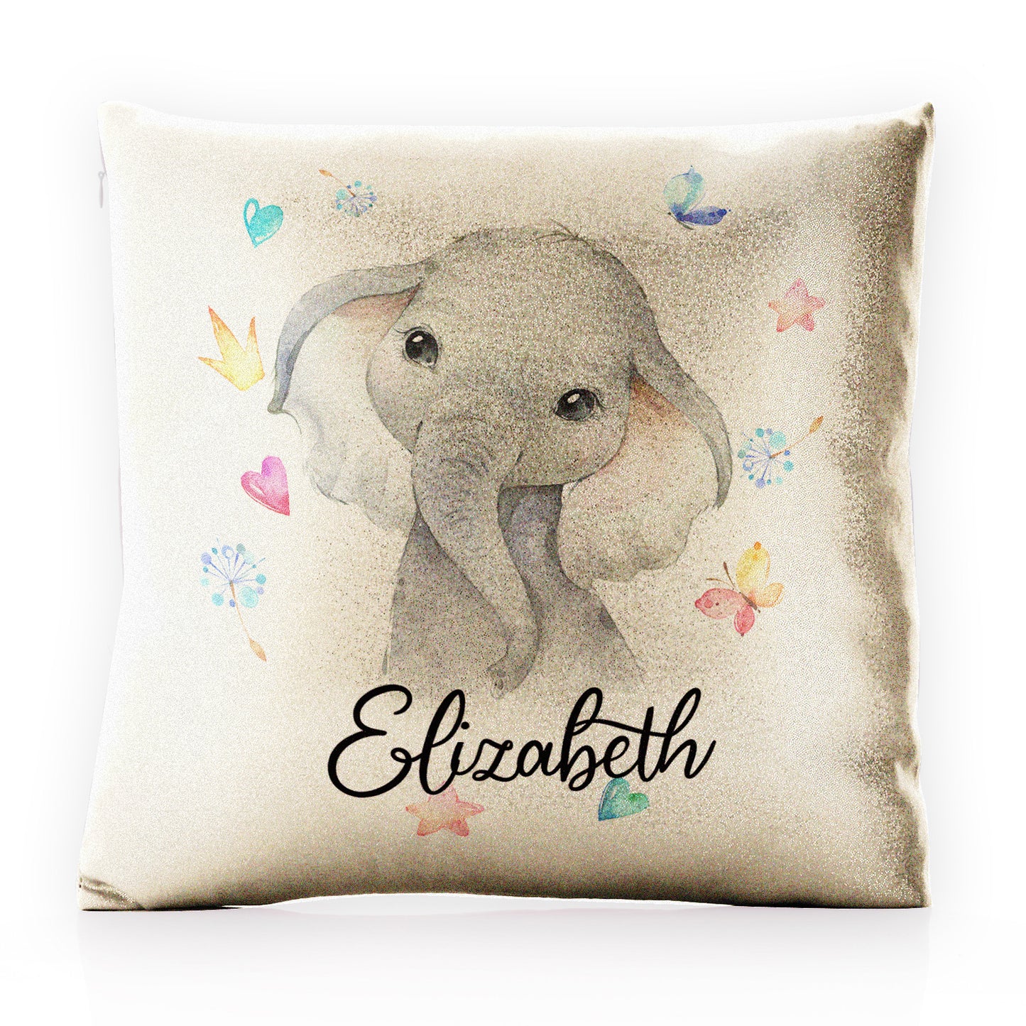 Personalised Glitter Cushion with Grey Elephant with Hearts Stars Crowns Butterfly and Cute Text