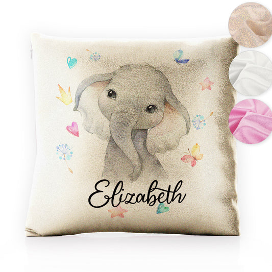 Personalised Glitter Cushion with Grey Elephant with Hearts Stars Crowns Butterfly and Cute Text