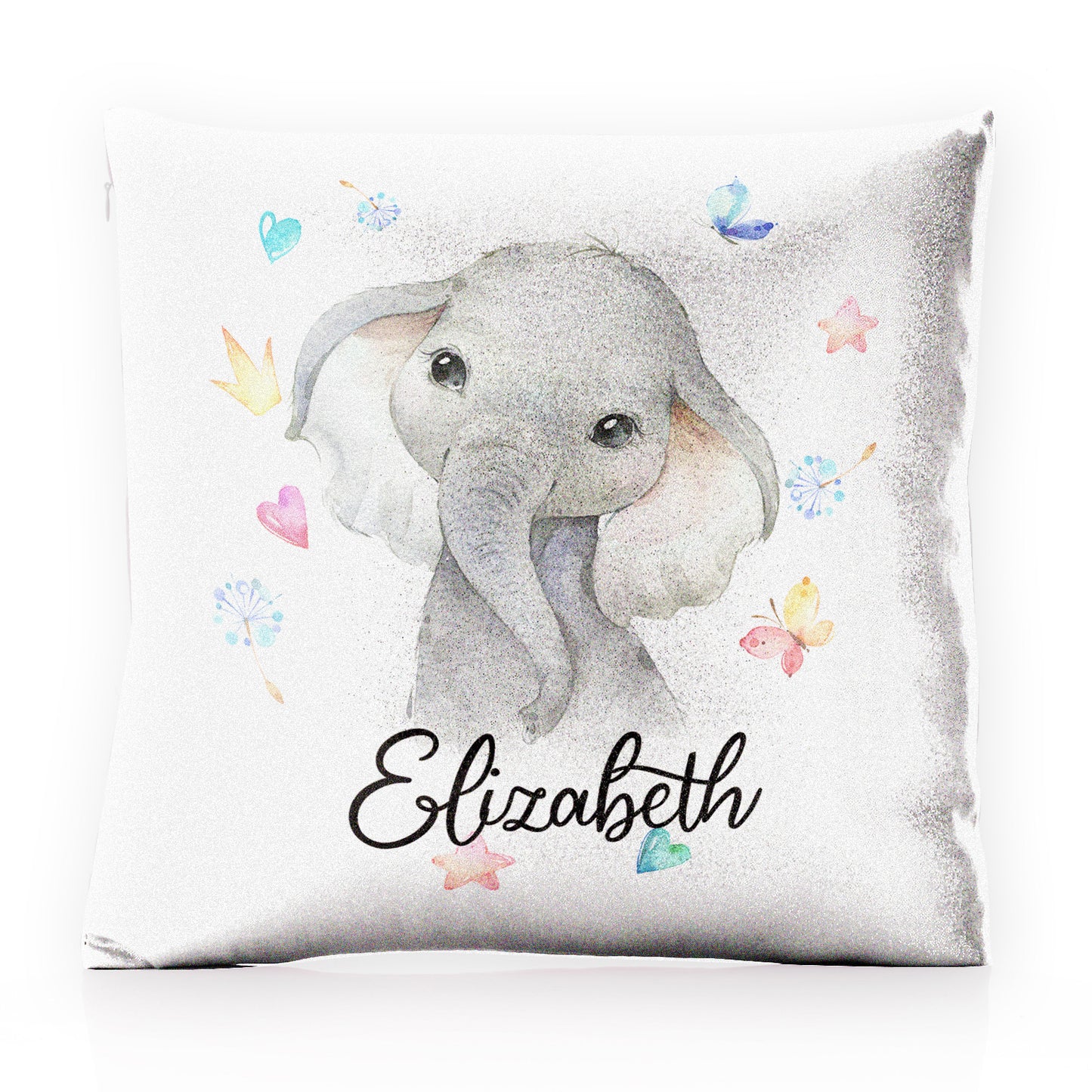 Personalised Glitter Cushion with Grey Elephant with Hearts Stars Crowns Butterfly and Cute Text