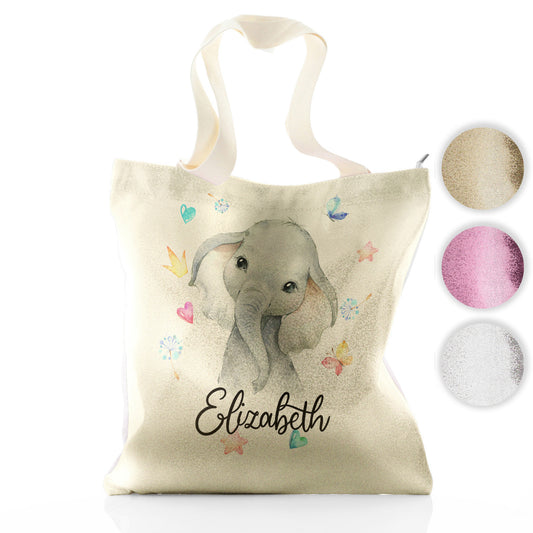 Personalised Glitter Tote Bag with Grey Elephant with Hearts Stars Crowns Butterfly and Cute Text