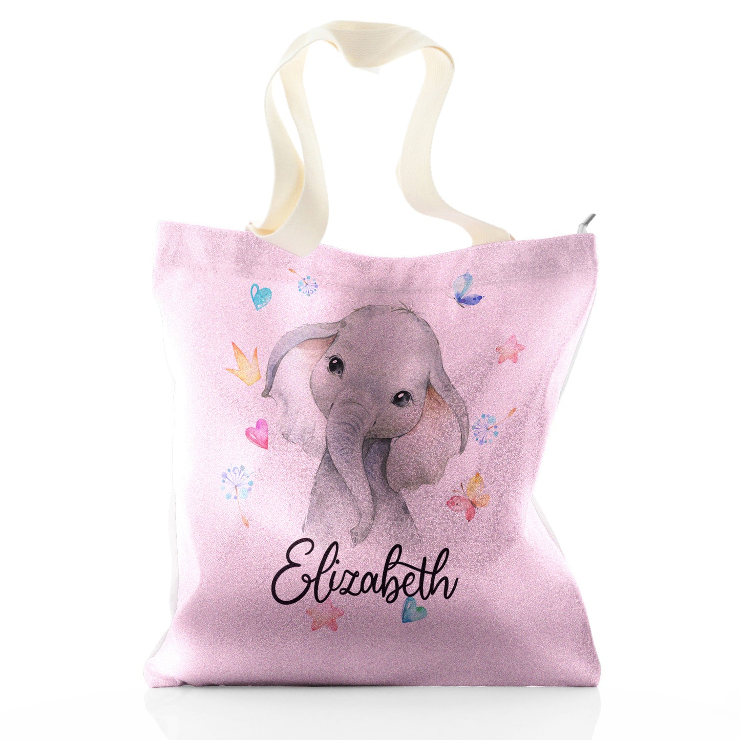 Personalisierte Glitzer-Einkaufstasche mit grauem Elefanten mit Herzen, Sternen, Kronen, Schmetterling und niedlichem Text