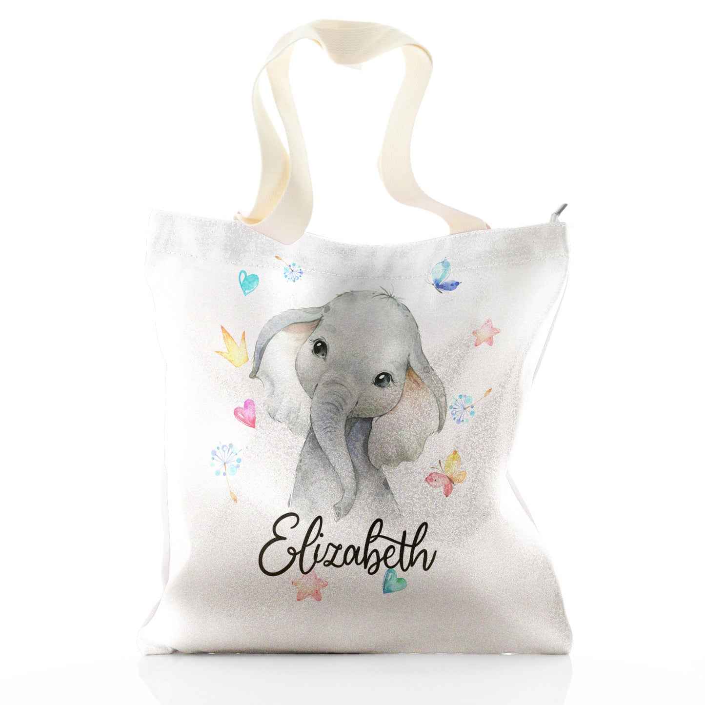 Personalisierte Glitzer-Einkaufstasche mit grauem Elefanten mit Herzen, Sternen, Kronen, Schmetterling und niedlichem Text