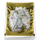Personalisierter Pailletten-Rucksack mit Kordelzug, grauer Elefant mit Herzen, Sternen, Kronen, Schmetterling und niedlichem Text