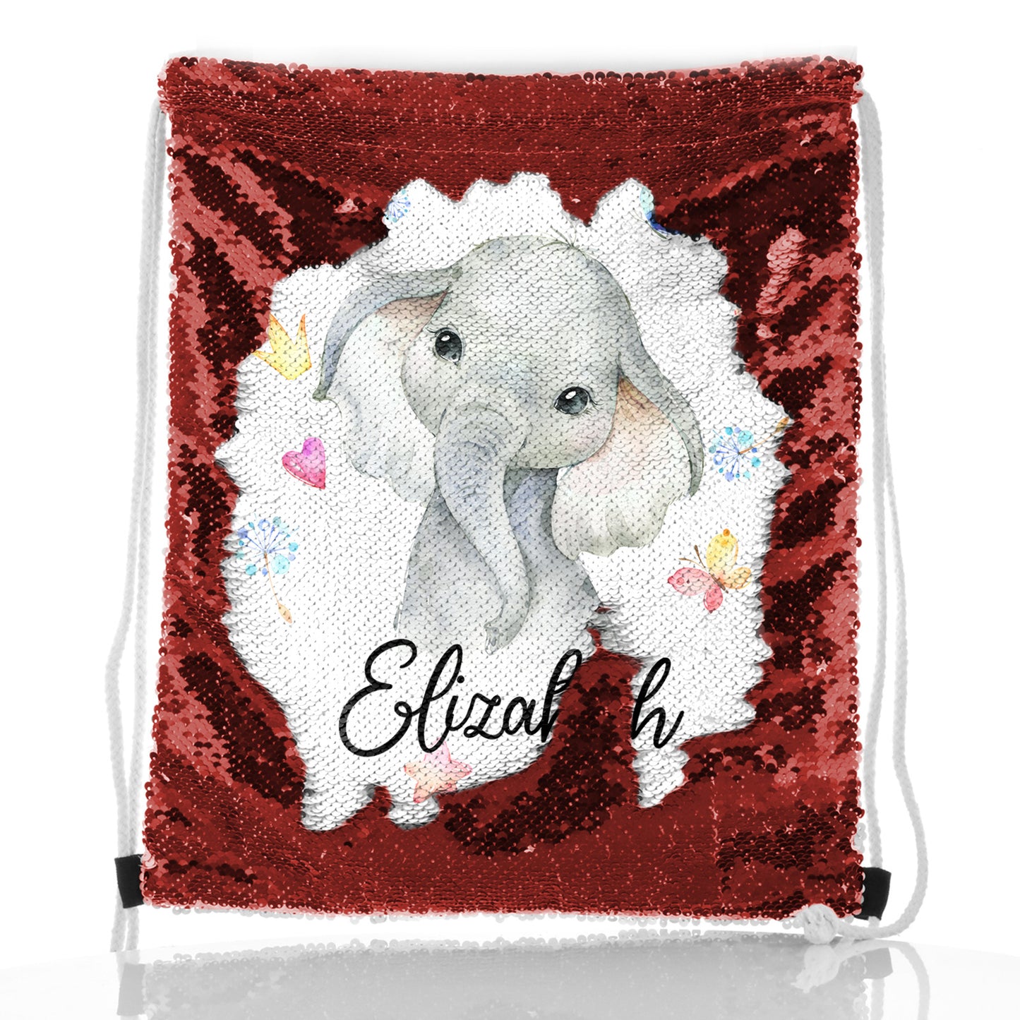 Personalisierter Pailletten-Rucksack mit Kordelzug, grauer Elefant mit Herzen, Sternen, Kronen, Schmetterling und niedlichem Text