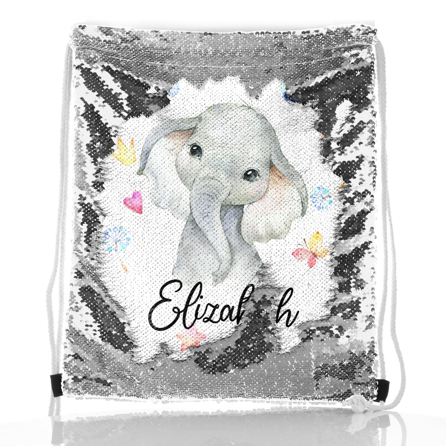 Personalised Sequin Drawstring Backpack with Grey Elephant with Hearts Stars Crowns Butterfly and Cute Text