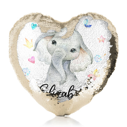 Personalised Sequin Heart Cushion with Grey Elephant with Hearts Stars Crowns Butterfly and Cute Text