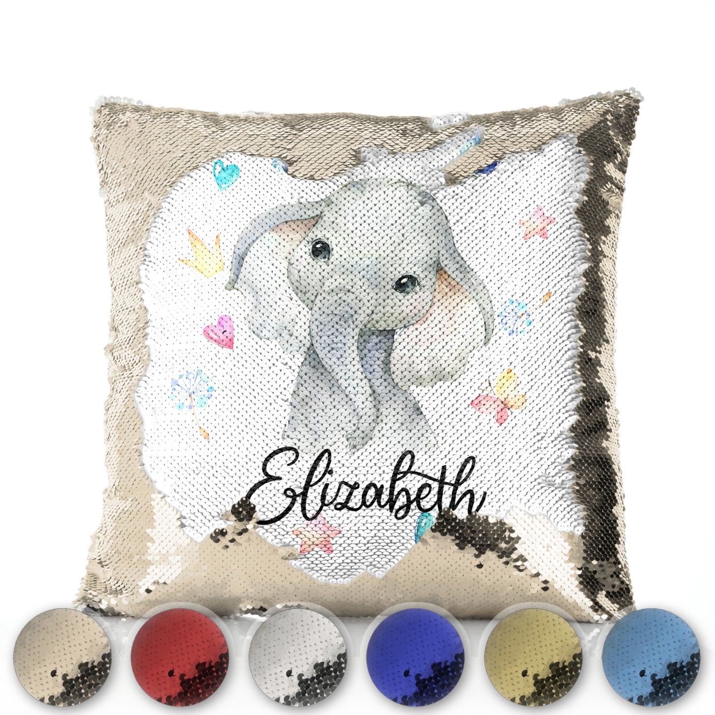 Personalised Sequin Cushion with Grey Elephant with Hearts Stars Crowns Butterfly and Cute Text