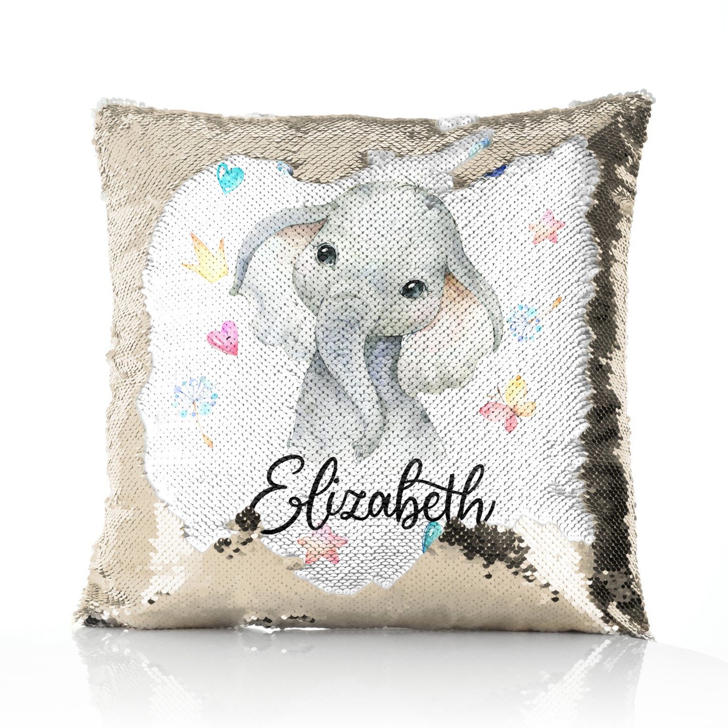 Personalised Sequin Cushion with Grey Elephant with Hearts Stars Crowns Butterfly and Cute Text