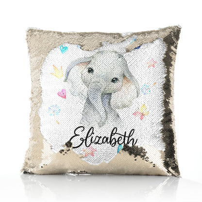 Personalised Sequin Cushion with Grey Elephant with Hearts Stars Crowns Butterfly and Cute Text