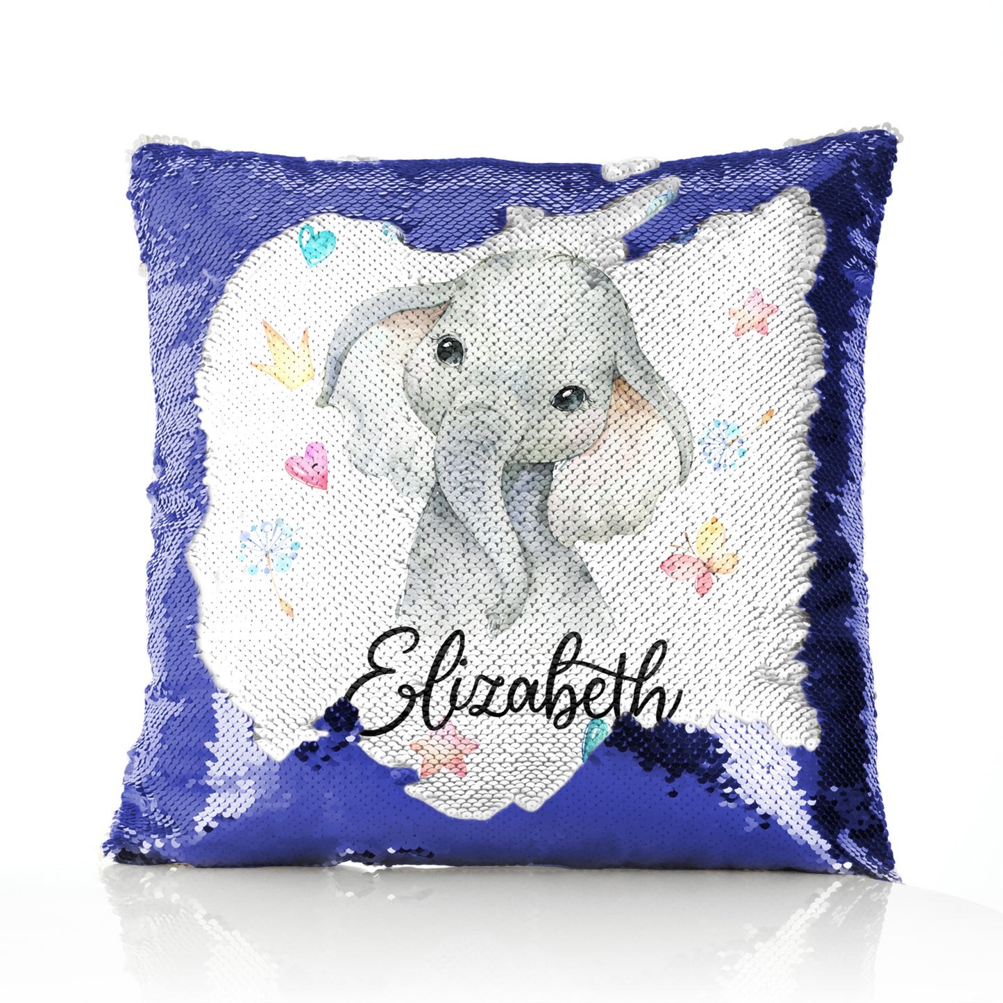 Personalised Sequin Cushion with Grey Elephant with Hearts Stars Crowns Butterfly and Cute Text