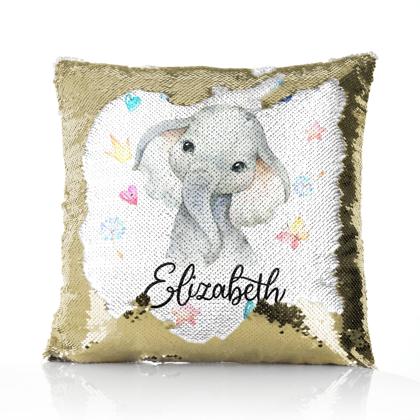 Personalised Sequin Cushion with Grey Elephant with Hearts Stars Crowns Butterfly and Cute Text