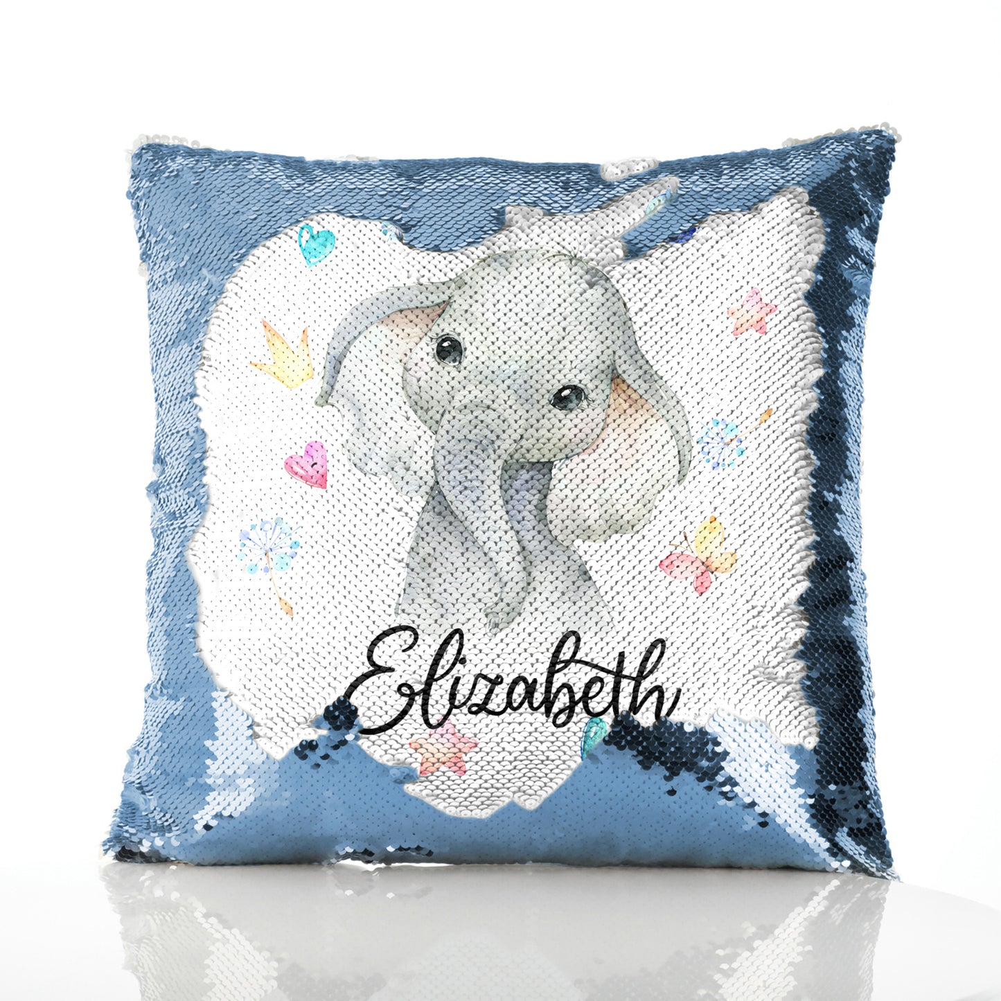 Personalised Sequin Cushion with Grey Elephant with Hearts Stars Crowns Butterfly and Cute Text