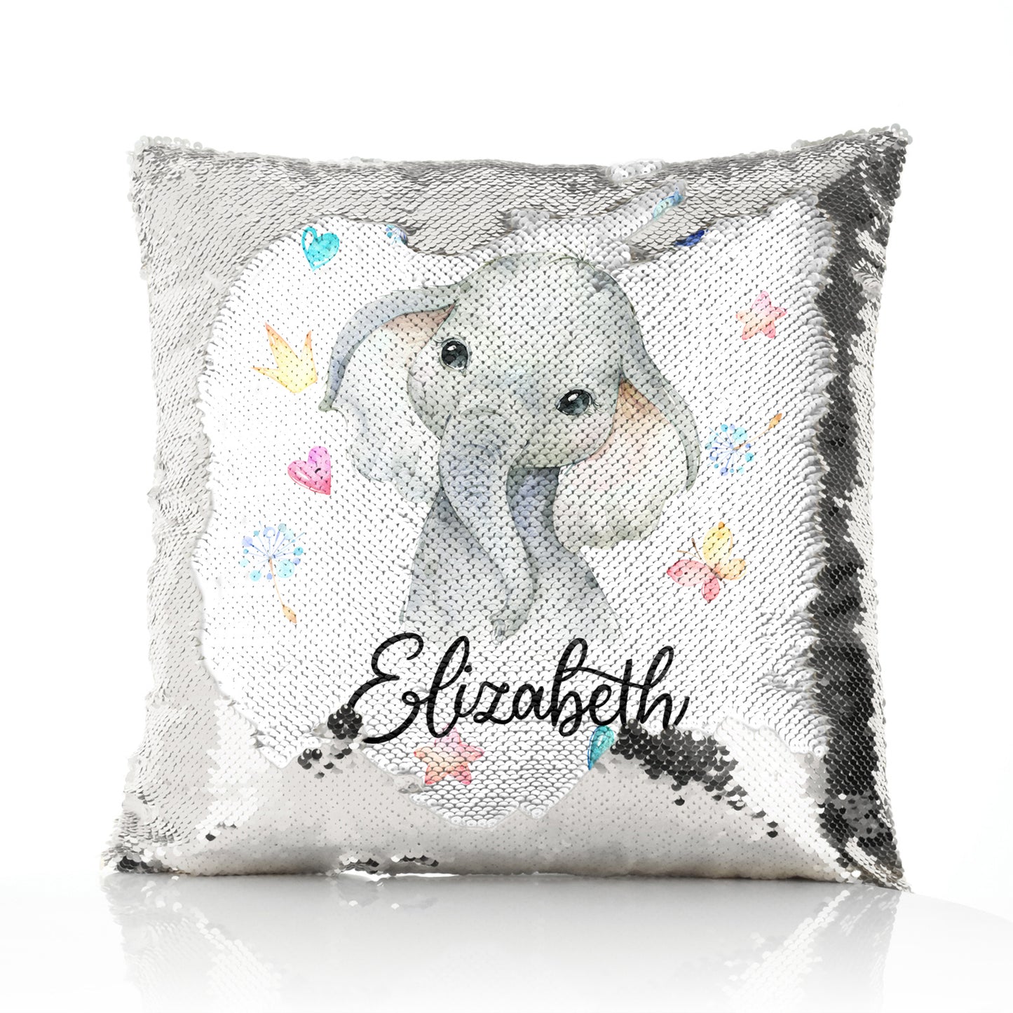 Personalised Sequin Cushion with Grey Elephant with Hearts Stars Crowns Butterfly and Cute Text