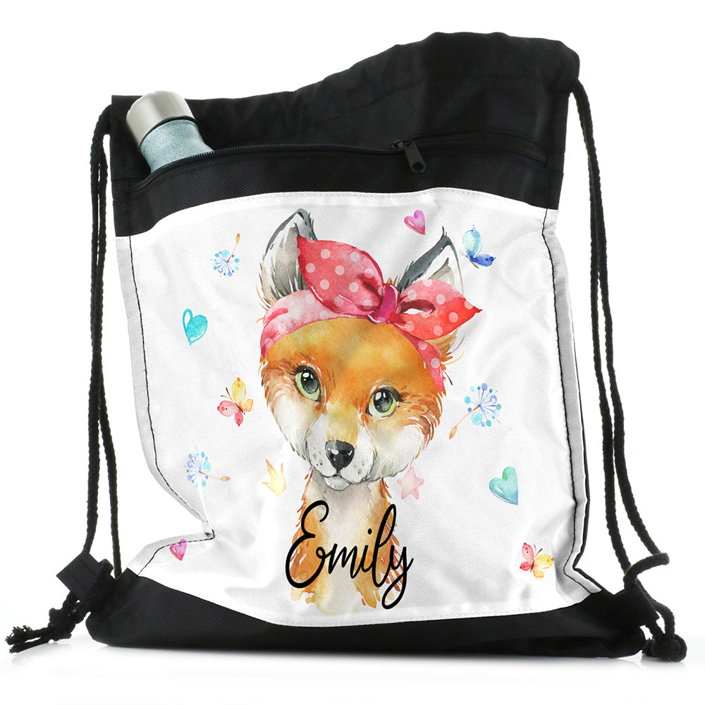 Personalised Red Fox and Hearts and Name Black Drawstring Backpack