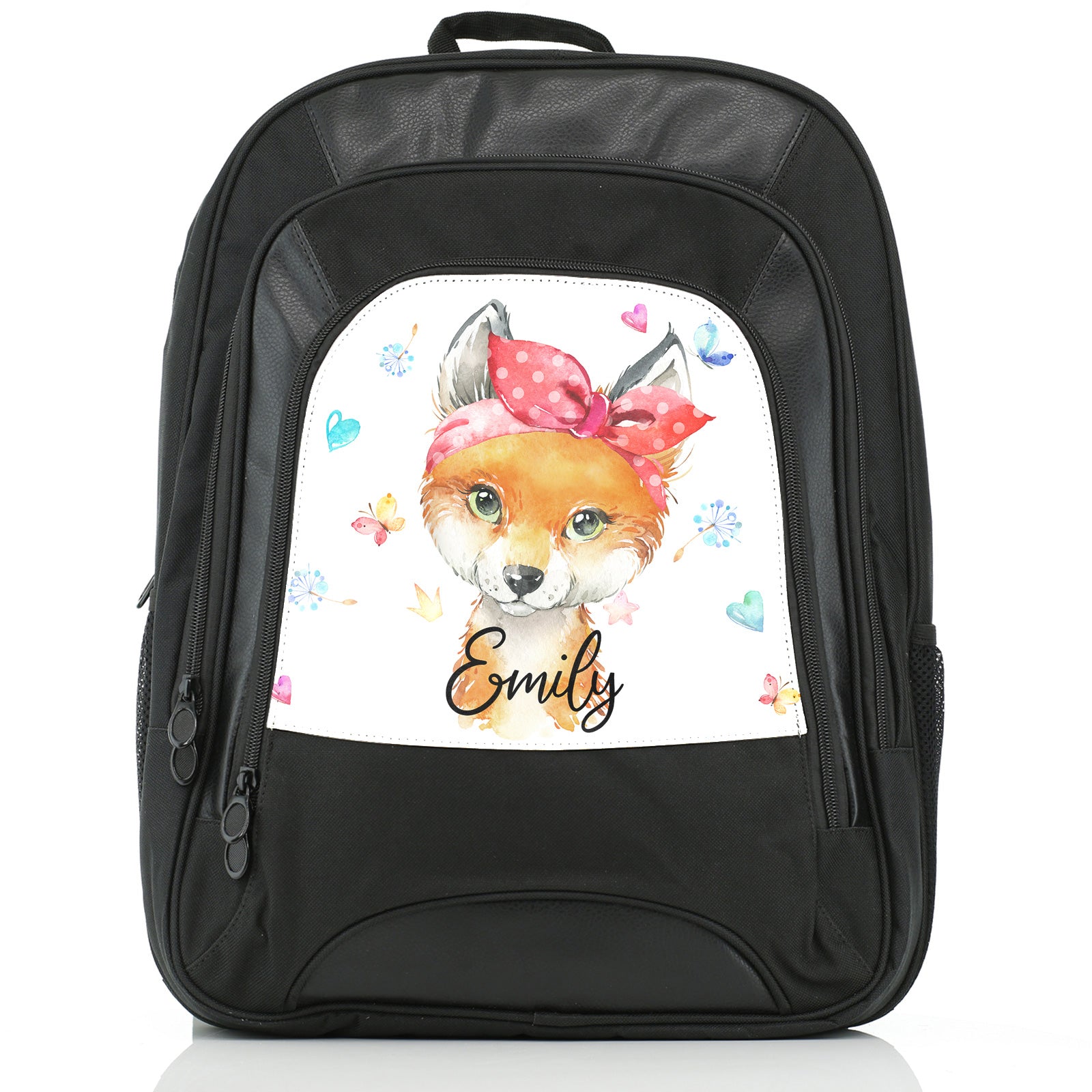 Personalised Large Multifunction Backpack with Red Fox with Hearts Dandelion Butterflies and Cute Text