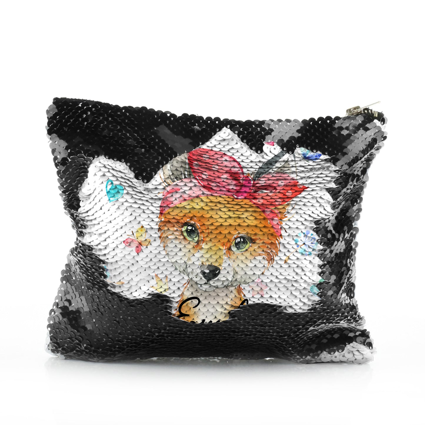 Personalisierte Pailletten-Reißverschlusstasche mit rotem Fuchs mit Herzen, Löwenzahn, Schmetterlingen und süßem Text