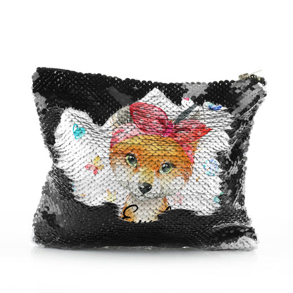 Personalised Sequin Zip Bag with Red Fox with Hearts Dandelion Butterflies and Cute Text