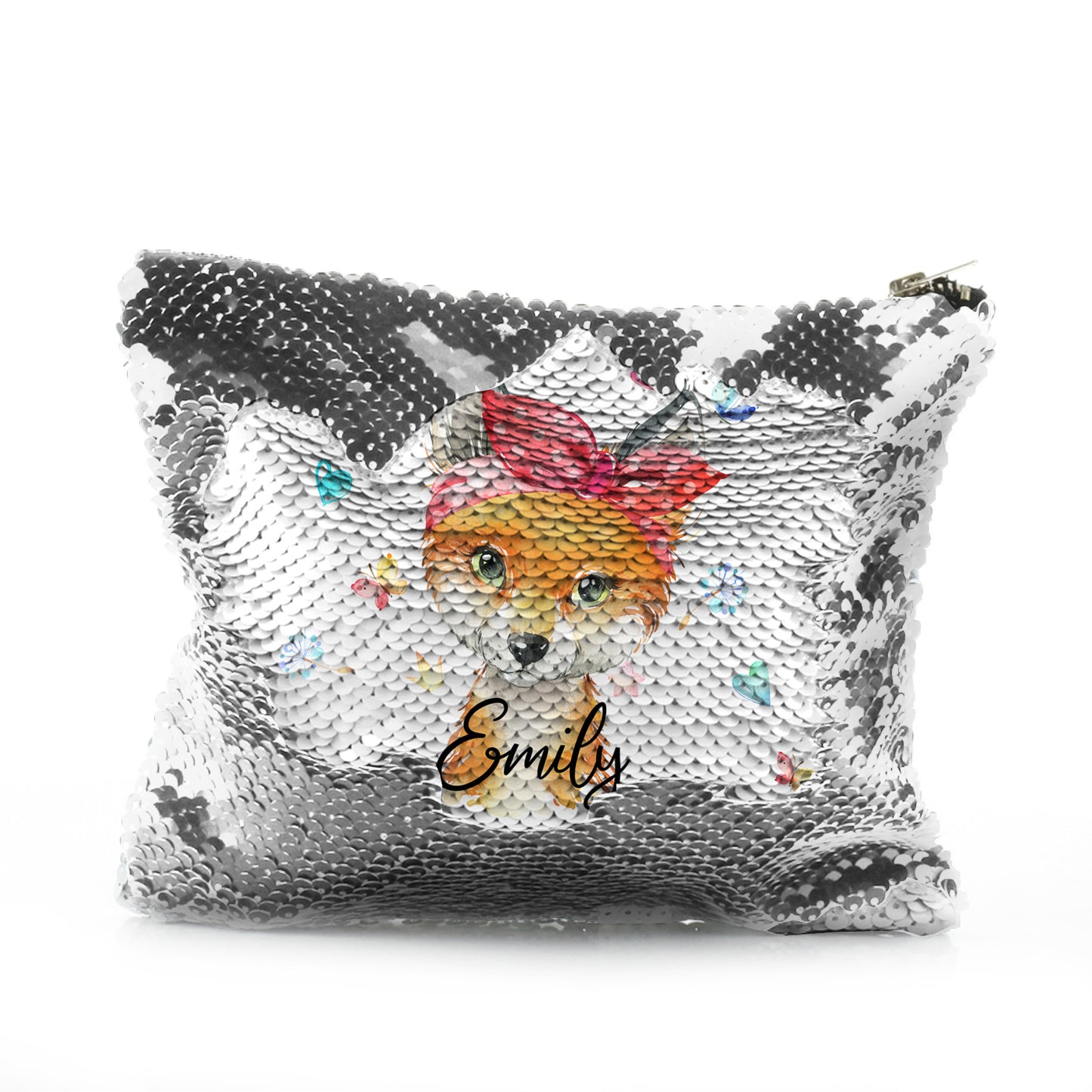 Personalisierte Pailletten-Reißverschlusstasche mit rotem Fuchs mit Herzen, Löwenzahn, Schmetterlingen und süßem Text
