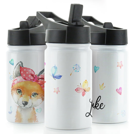 Personalised Red Fox Heart Flower and Name White Sports Flask
