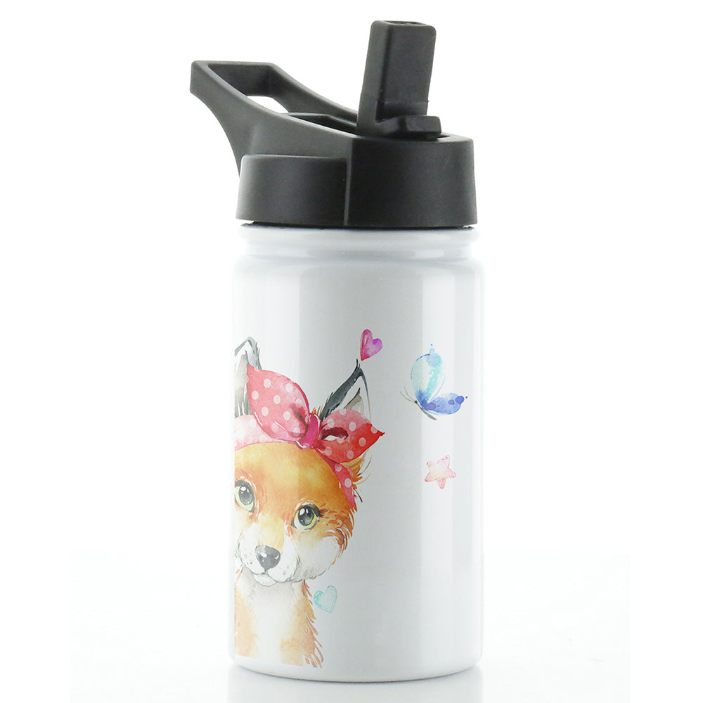 Personalised Red Fox Heart Flower and Name White Sports Flask