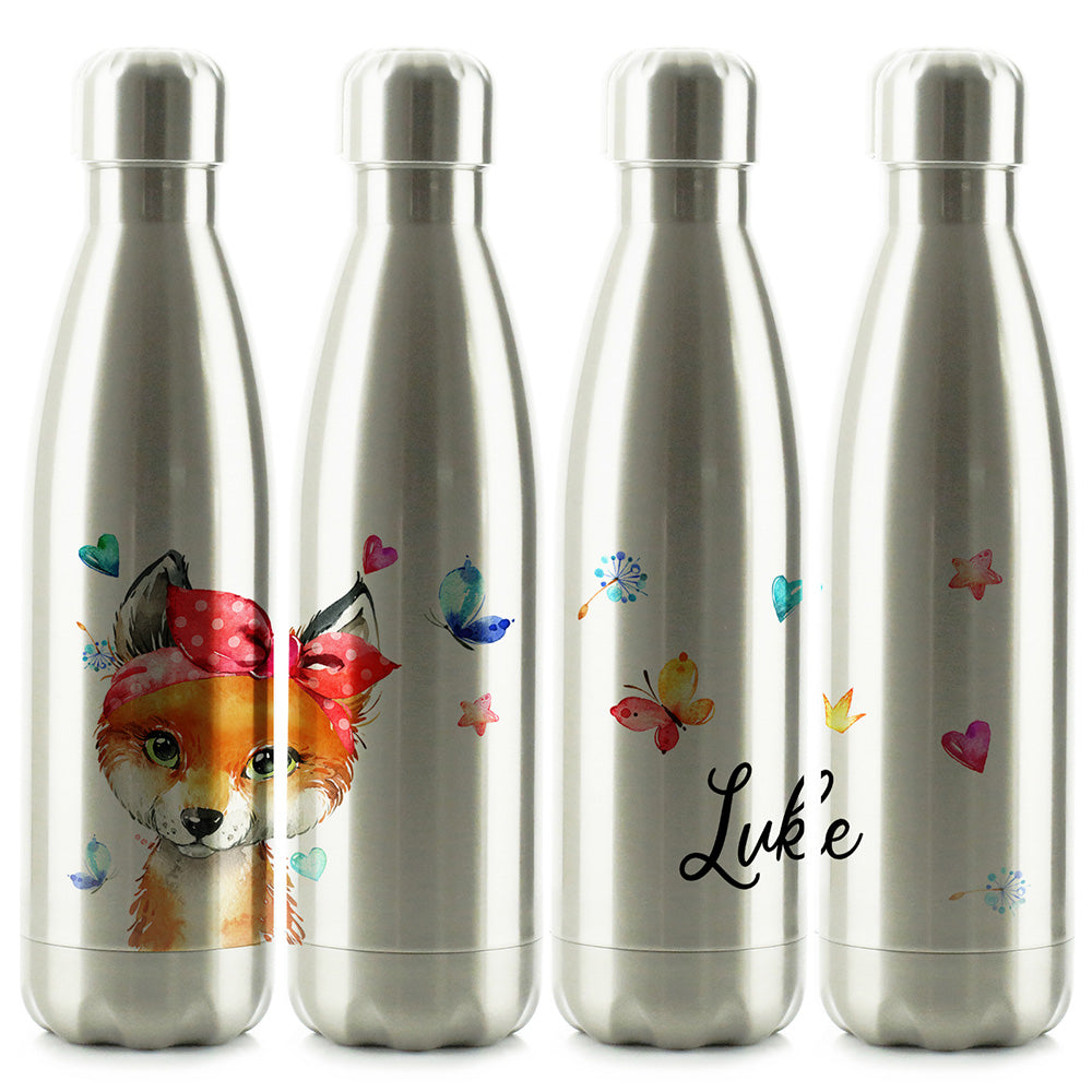 Personalised Red Fox and Hearts and Name Cola Bottle