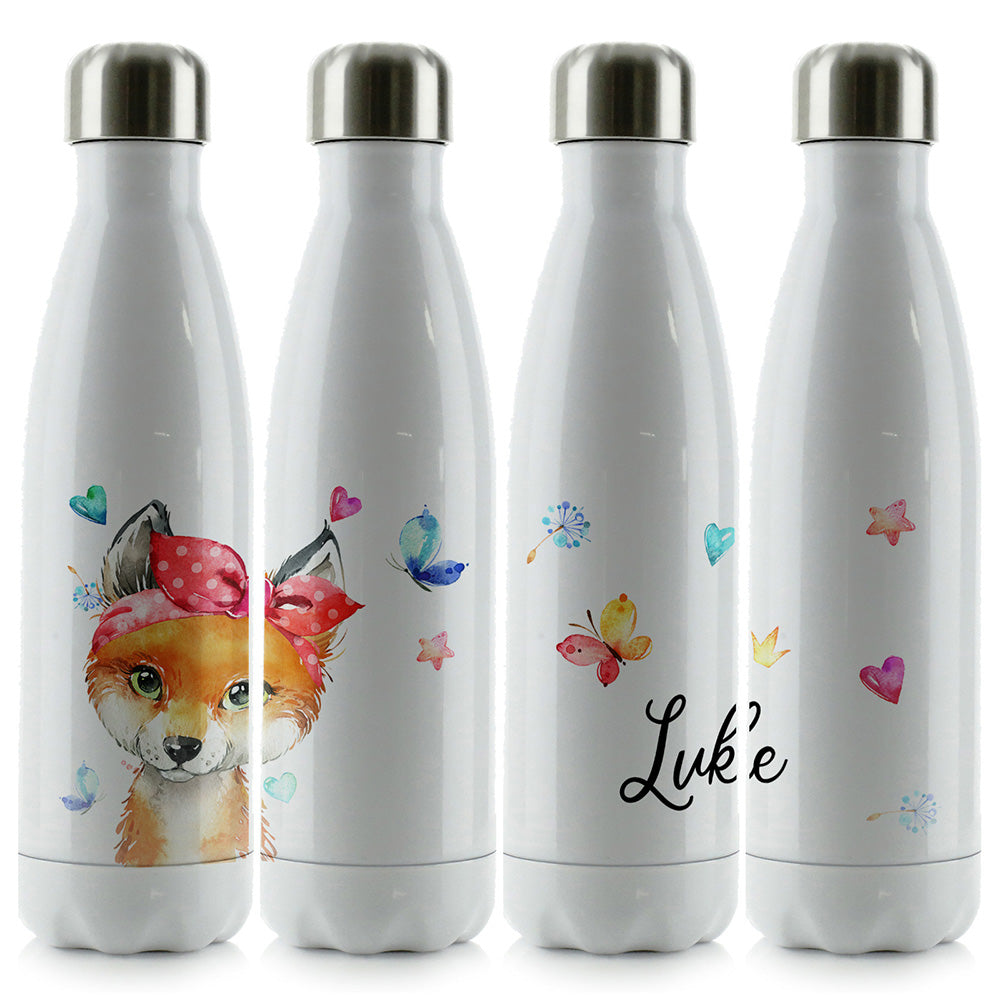 Personalised Red Fox and Hearts and Name Cola Bottle