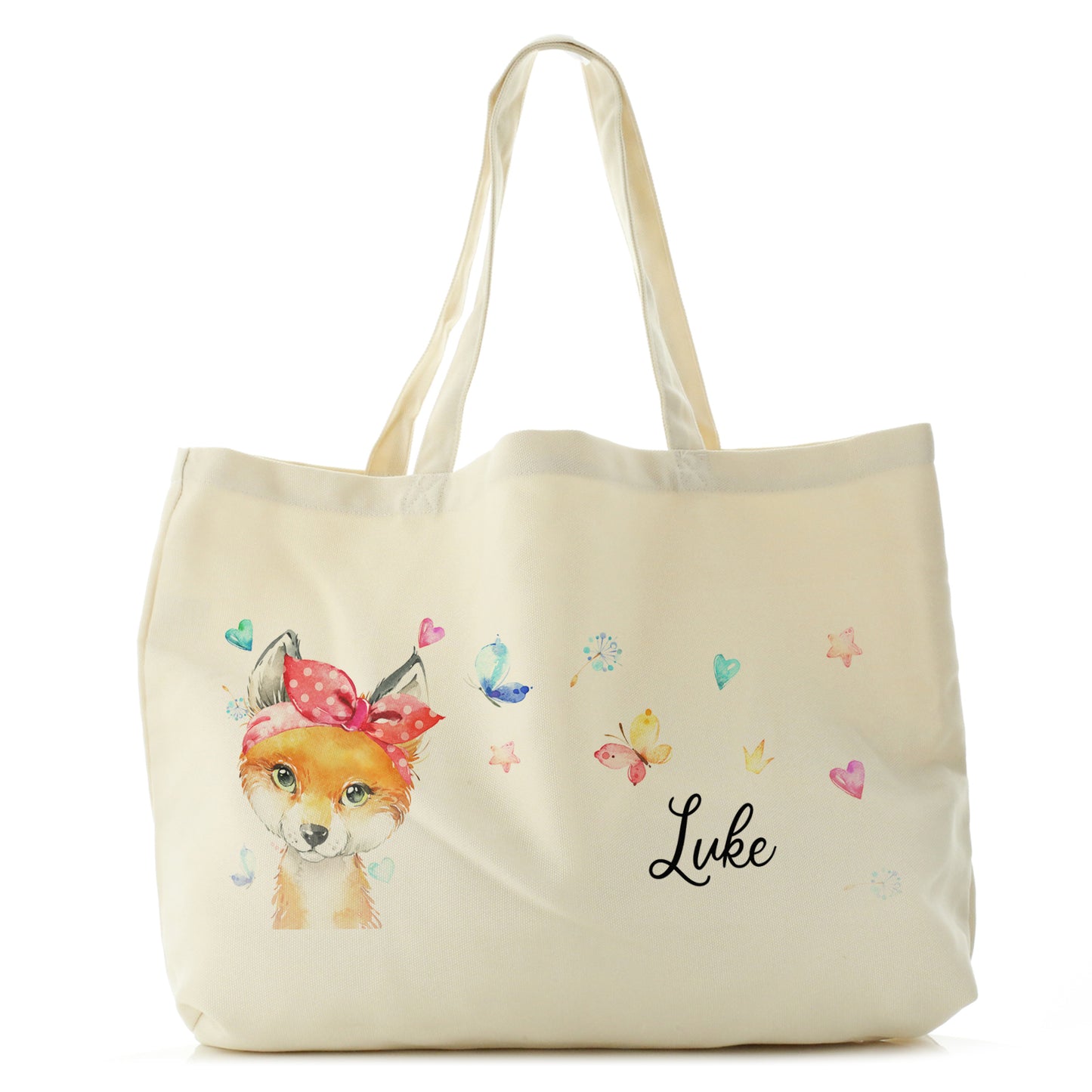Personalised Canvas Tote Bag with Red Fox with Hearts Dandelion Butterflies and Cute Text