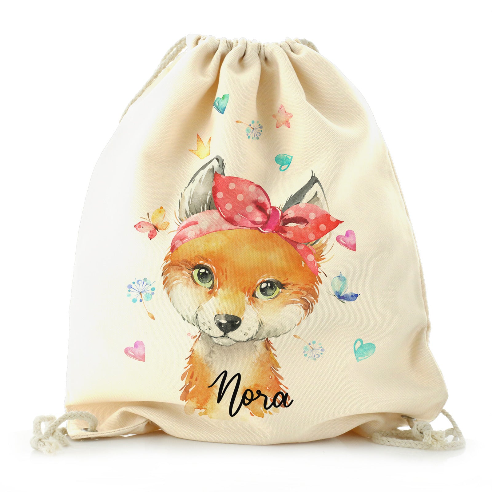 Personalised Canvas Drawstring Backpack with Red Fox with Hearts Dandelion Butterflies and Cute Text