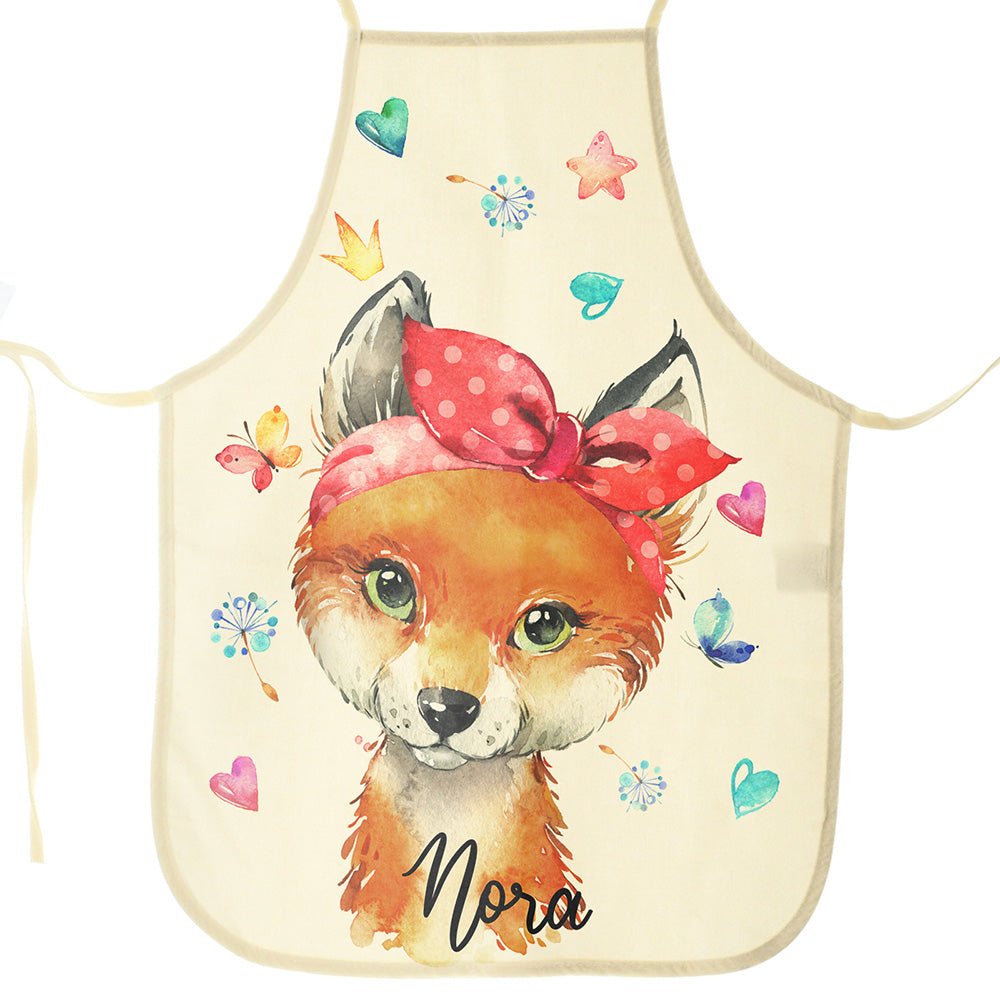 Personalised Canvas Apron with Red Fox and Hearts and Name Design