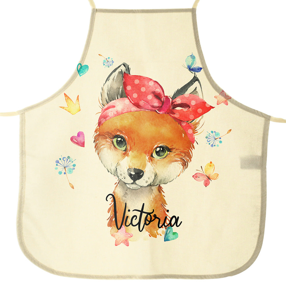 Personalised Canvas Apron with Red Fox and Hearts and Name Design