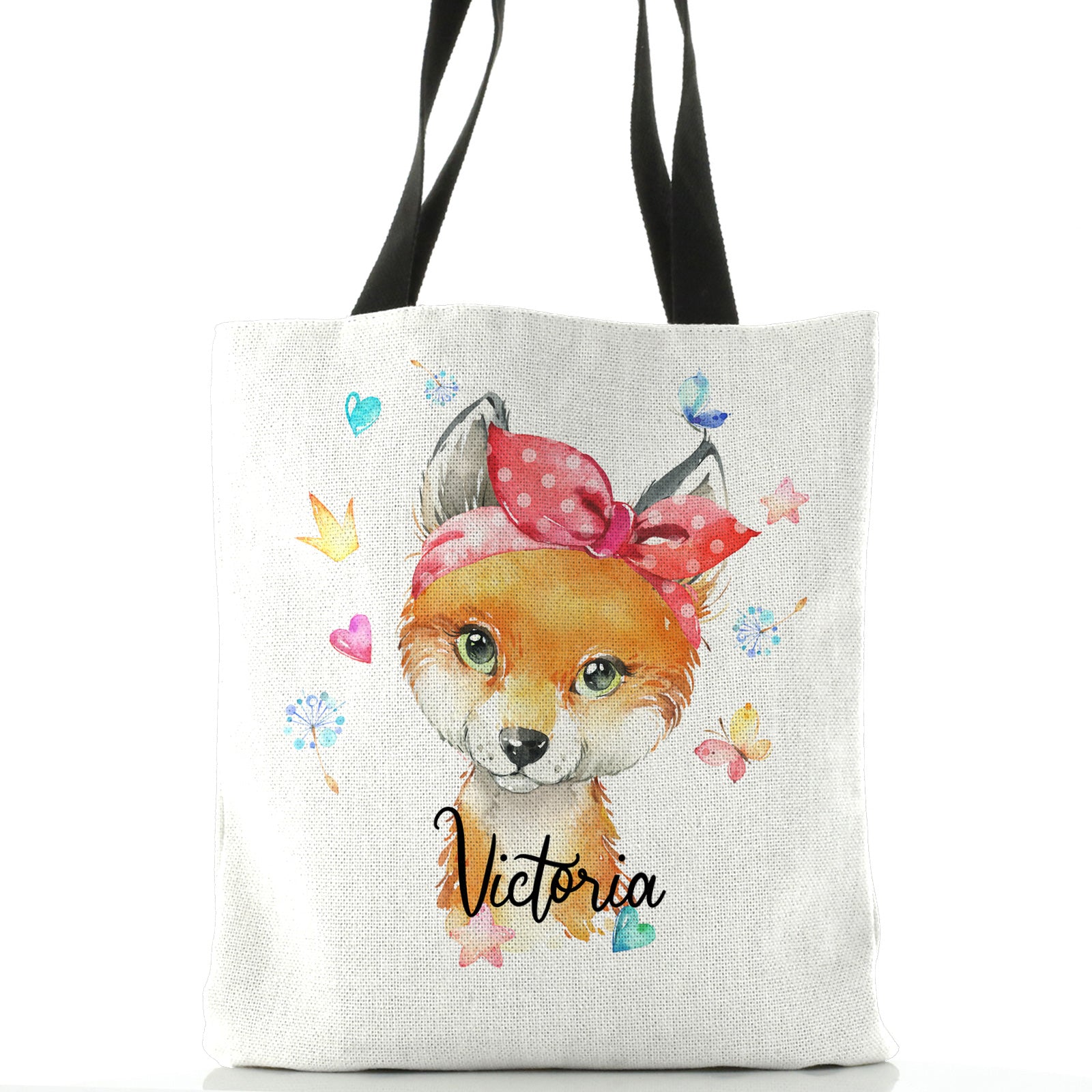 Personalised White Tote Bag with Red Fox with Hearts Dandelion Butterflies and Cute Text