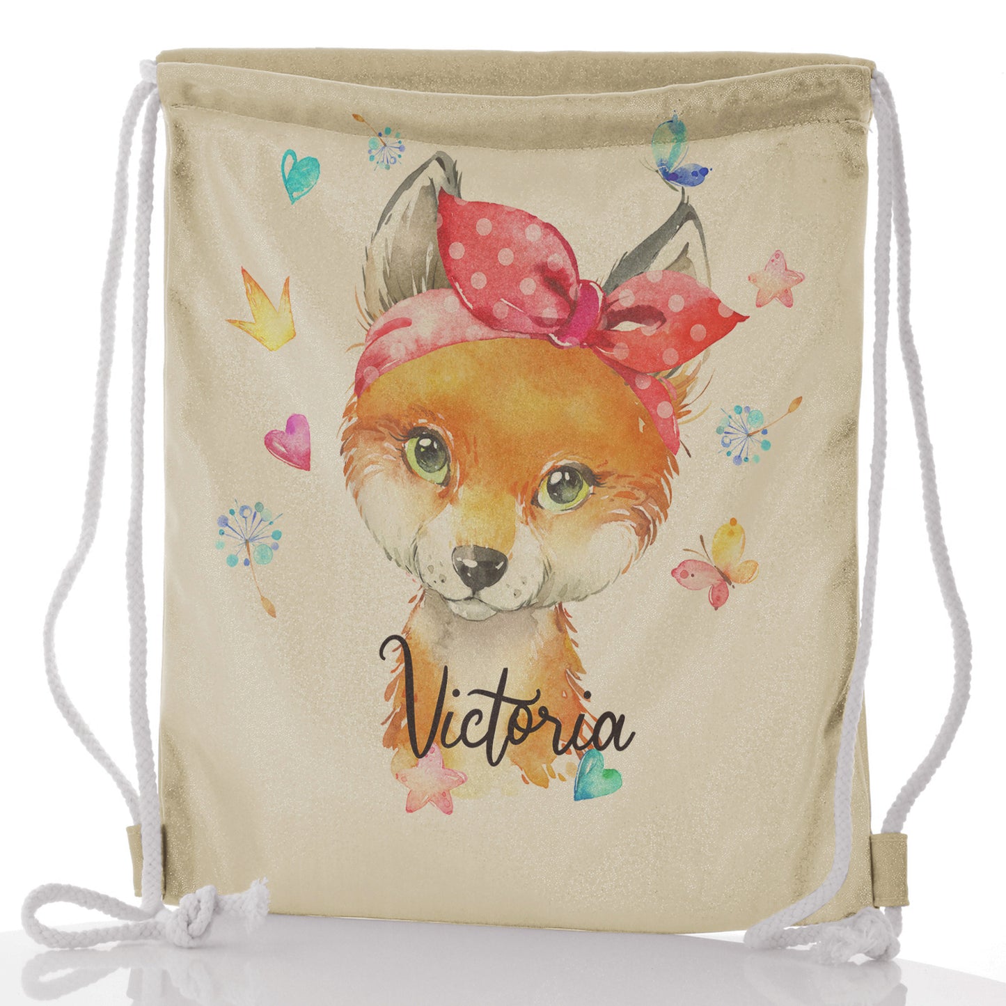 Personalised Glitter Drawstring Backpack with Red Fox with Hearts Dandelion Butterflies and Cute Text