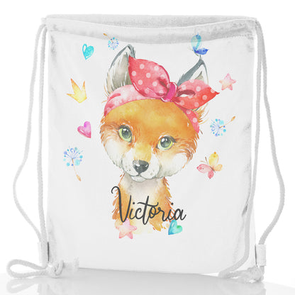 Personalised Glitter Drawstring Backpack with Red Fox with Hearts Dandelion Butterflies and Cute Text