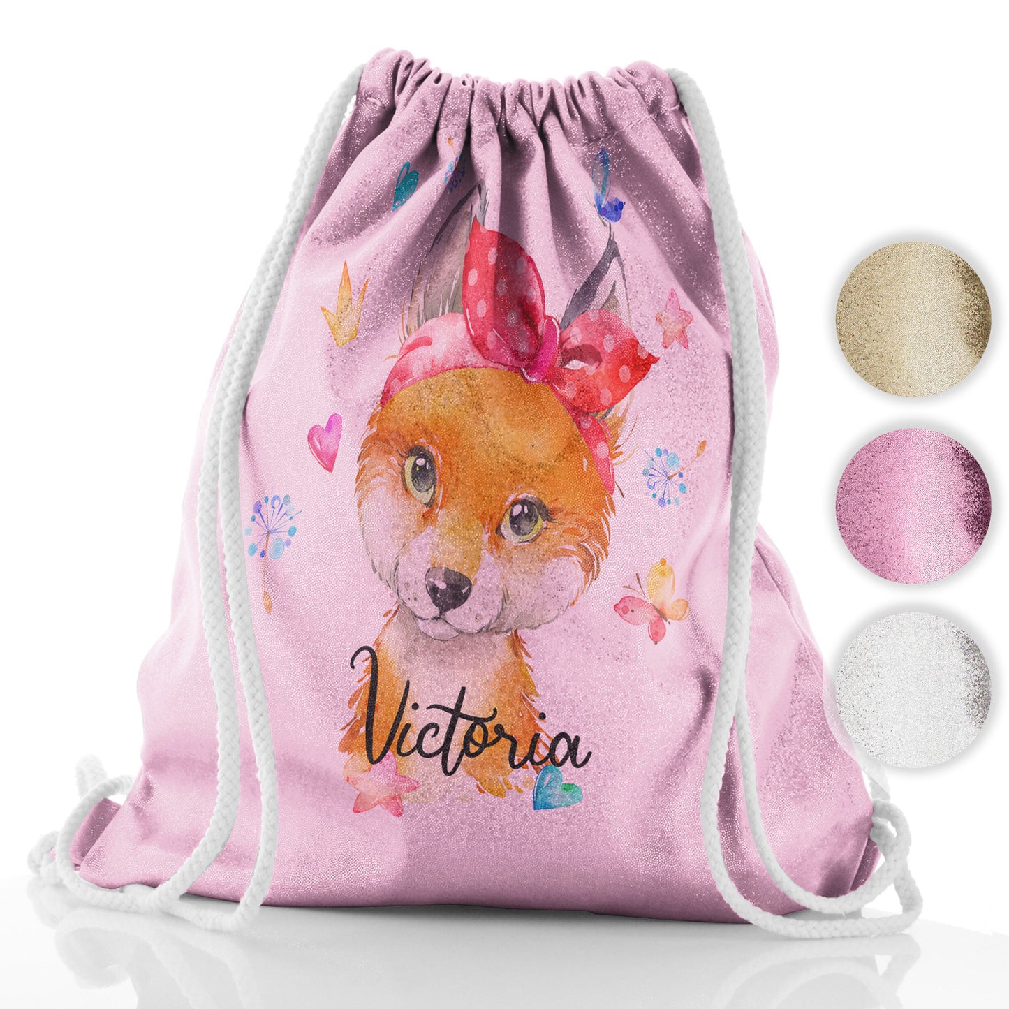 Personalised Glitter Drawstring Backpack with Red Fox with Hearts Dandelion Butterflies and Cute Text