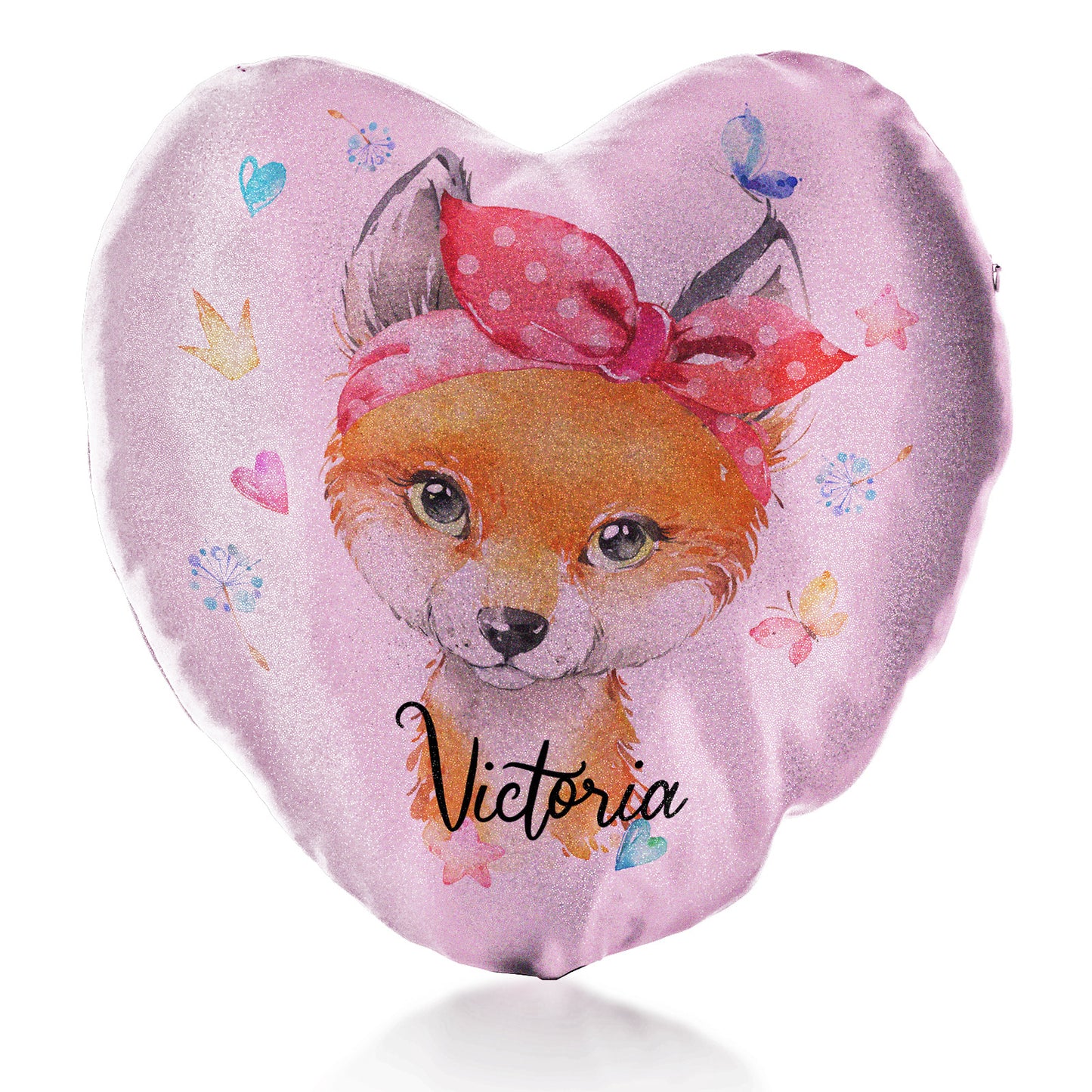 Personalised Glitter Heart Cushion with Red Fox with Hearts Dandelion Butterflies and Cute Text