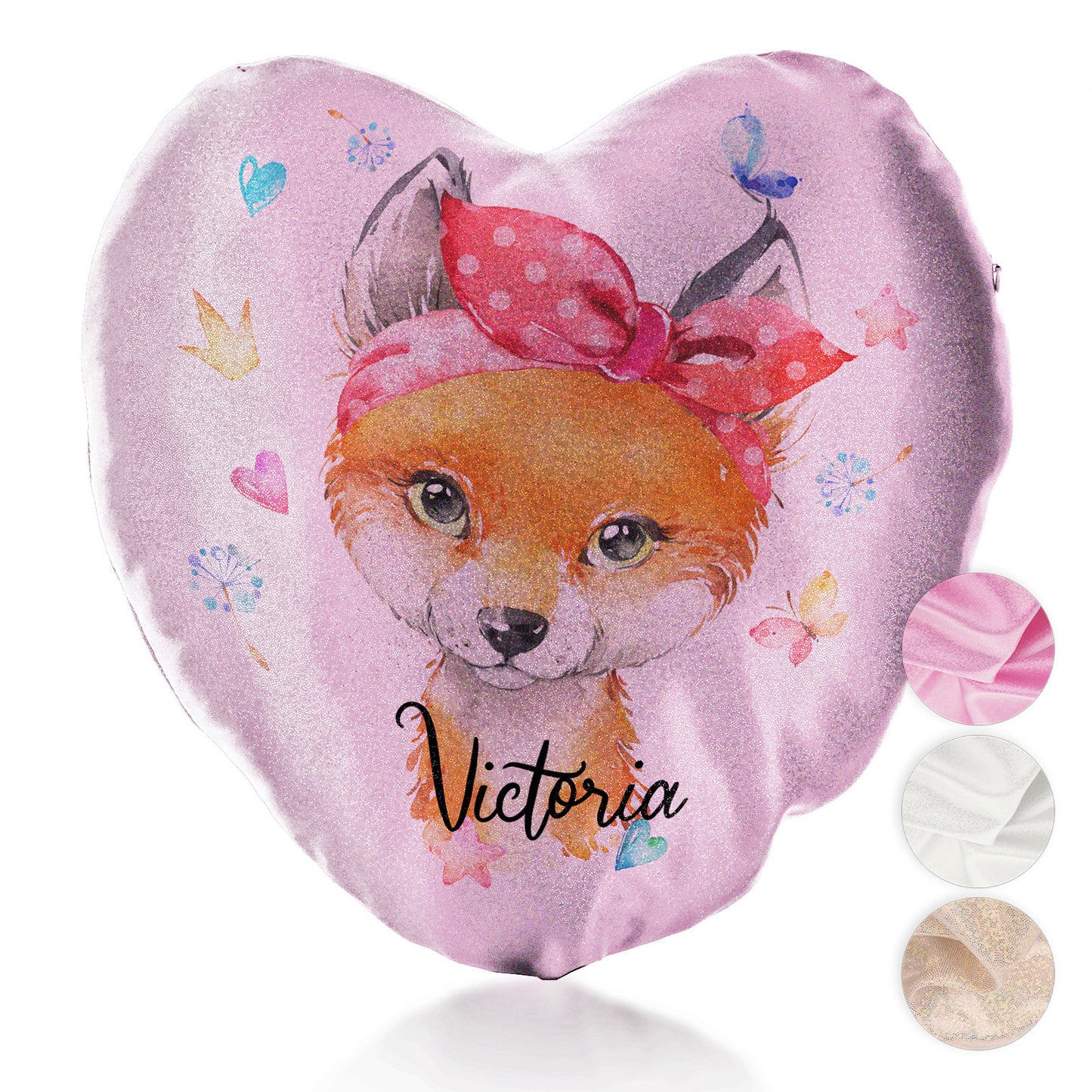 Personalised Glitter Heart Cushion with Red Fox with Hearts Dandelion Butterflies and Cute Text