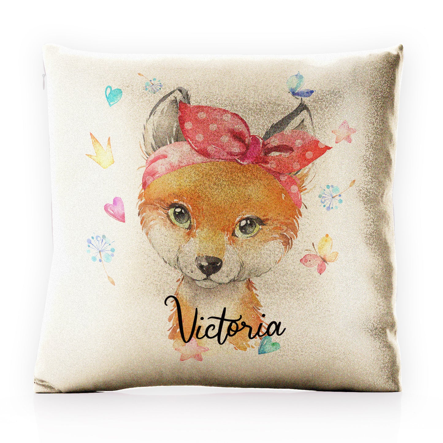 Personalised Glitter Cushion with Red Fox with Hearts Dandelion Butterflies and Cute Text