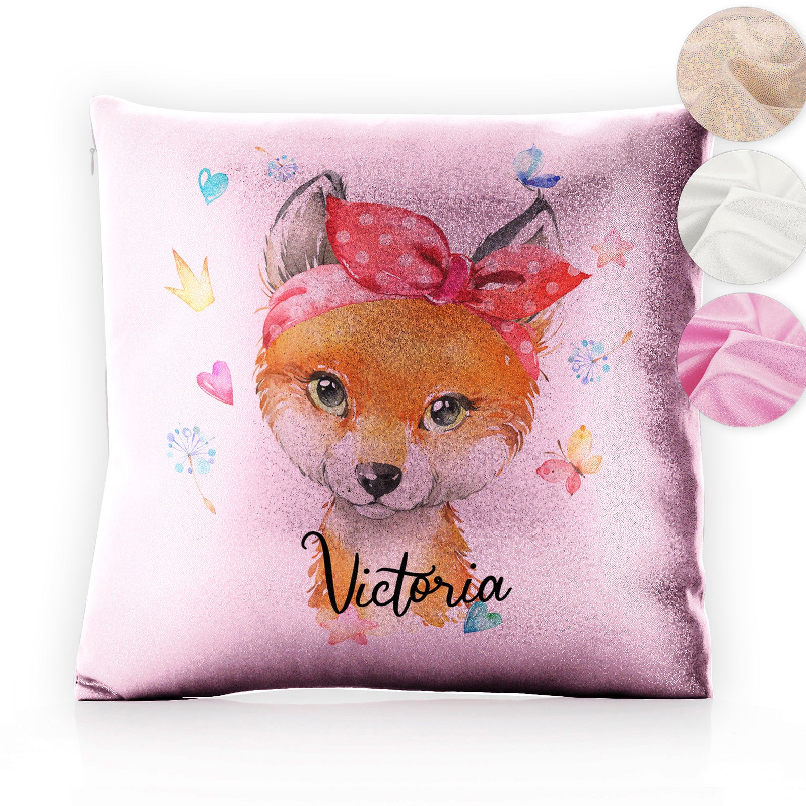 Personalised Glitter Cushion with Red Fox with Hearts Dandelion Butterflies and Cute Text