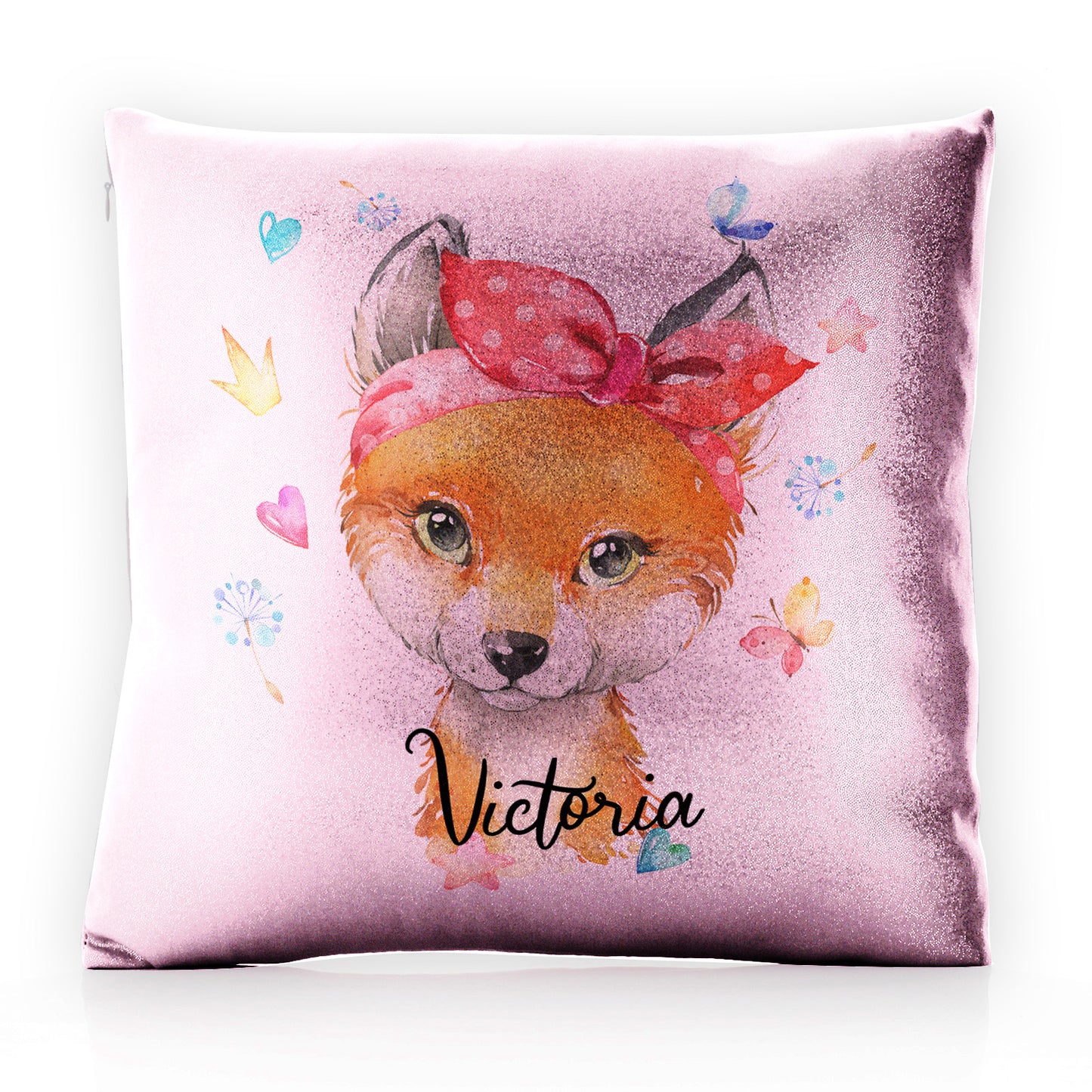 Personalised Glitter Cushion with Red Fox with Hearts Dandelion Butterflies and Cute Text