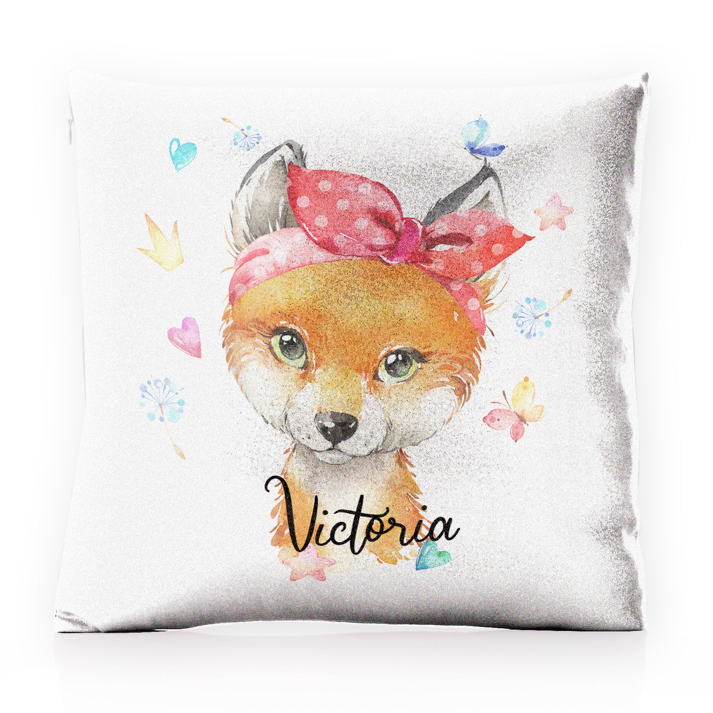 Personalised Glitter Cushion with Red Fox with Hearts Dandelion Butterflies and Cute Text