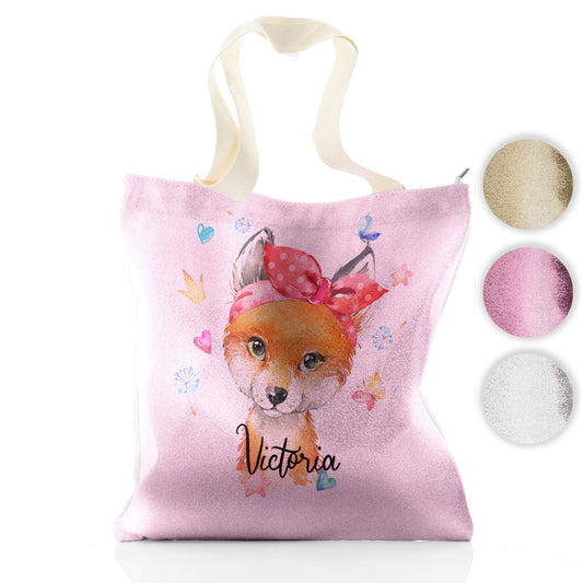 Personalised Glitter Tote Bag with Red Fox with Hearts Dandelion Butterflies and Cute Text