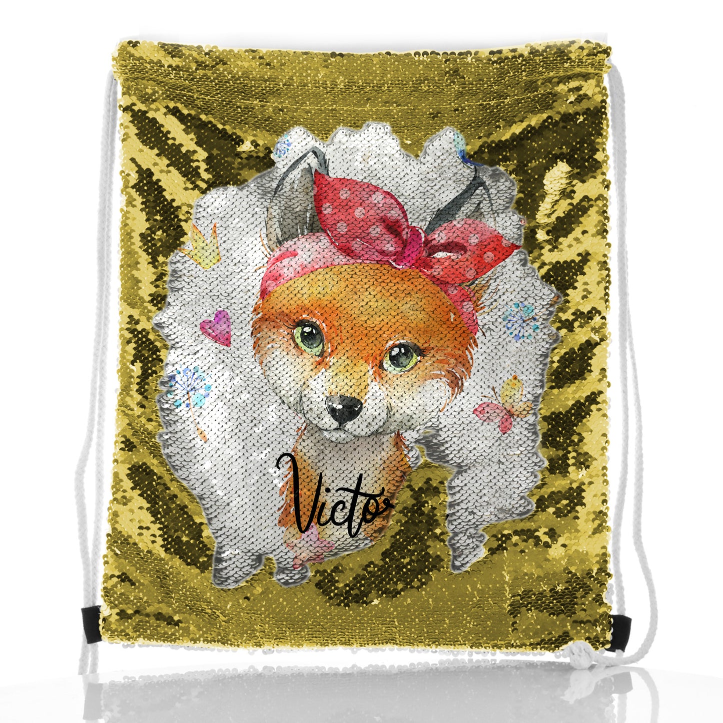 Personalised Sequin Drawstring Backpack with Red Fox with Hearts Dandelion Butterflies and Cute Text