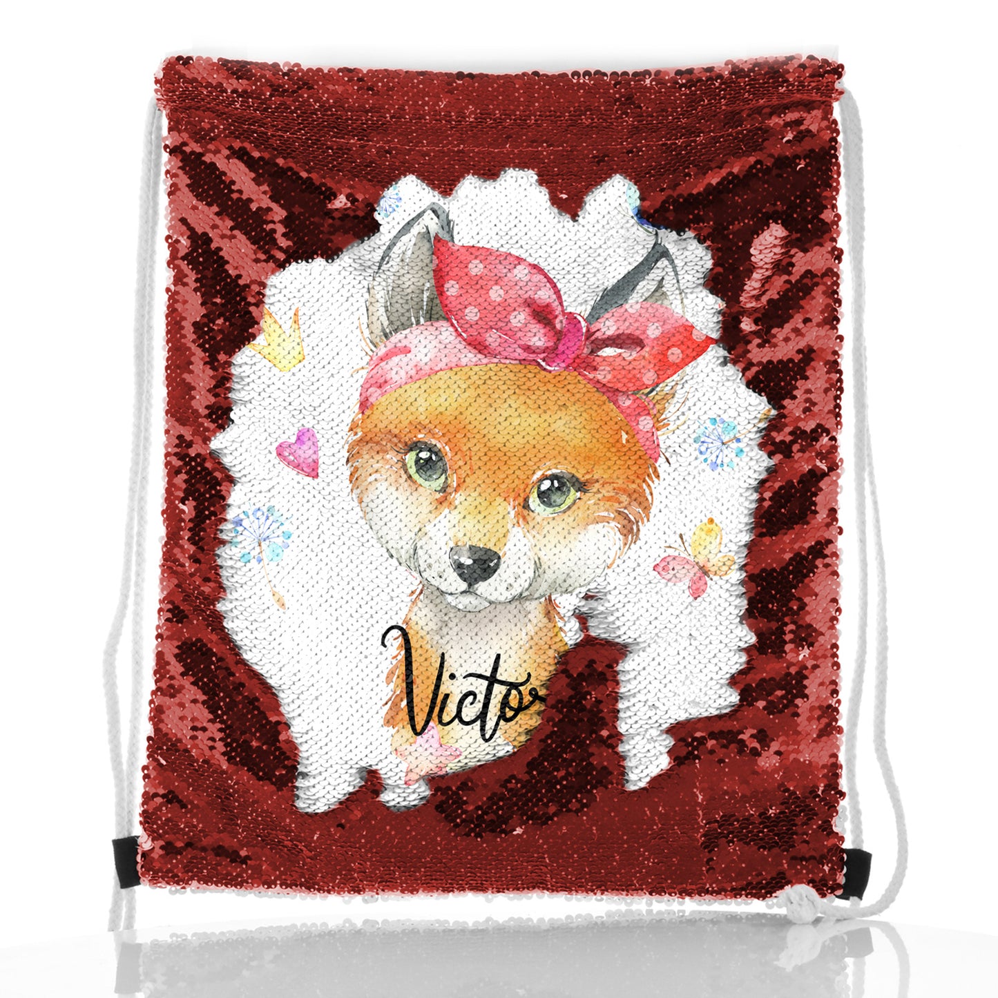 Personalised Sequin Drawstring Backpack with Red Fox with Hearts Dandelion Butterflies and Cute Text