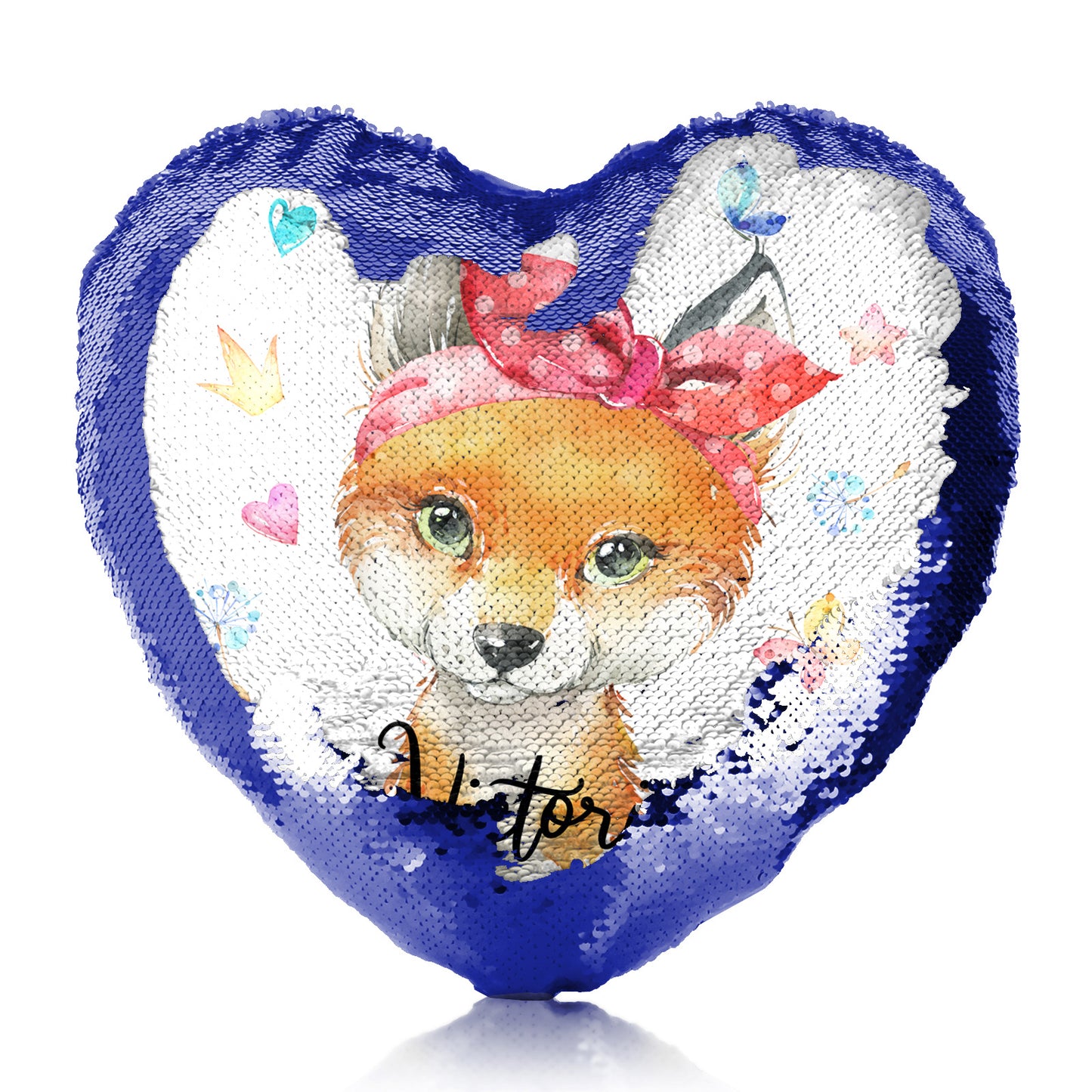 Personalised Sequin Heart Cushion with Red Fox with Hearts Dandelion Butterflies and Cute Text