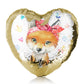 Personalisiertes Pailletten-Herzkissen mit Rotfuchs mit Herzen, Löwenzahn, Schmetterlingen und süßem Text