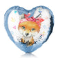 Personalised Sequin Heart Cushion with Red Fox with Hearts Dandelion Butterflies and Cute Text