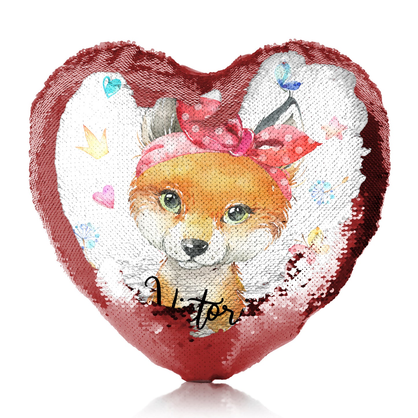 Personalisiertes Pailletten-Herzkissen mit Rotfuchs mit Herzen, Löwenzahn, Schmetterlingen und süßem Text