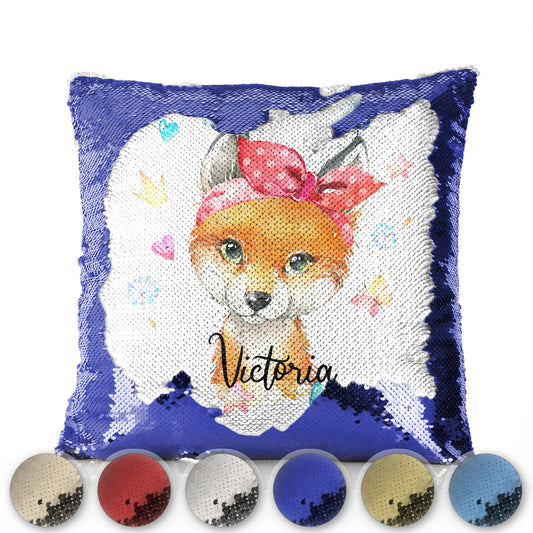 Personalised Sequin Cushion with Red Fox with Hearts Dandelion Butterflies and Cute Text