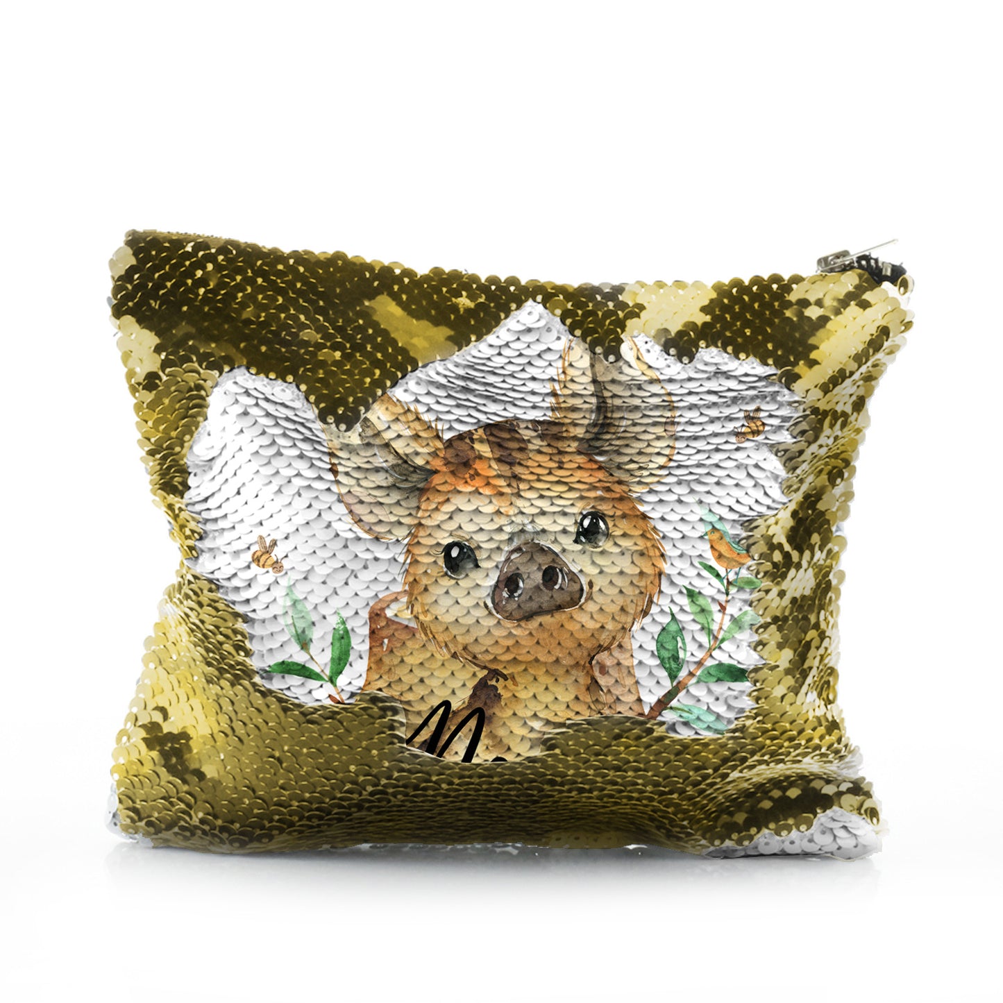 Personalised Sequin Zip Bag with Wild Boar Piglet with Bird and Bees and Cute Text