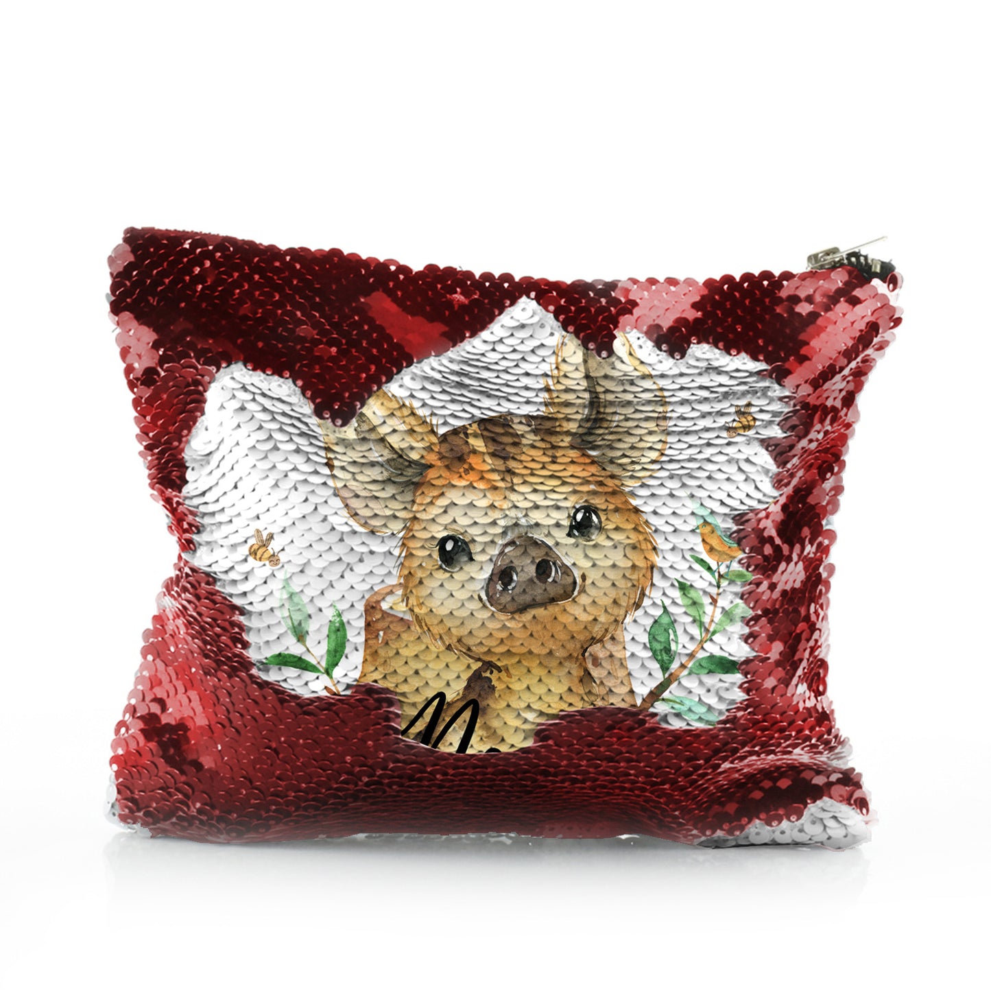 Personalisierte Pailletten-Reißverschlusstasche mit Wildschwein-Ferkel mit Vogel und Bienen und süßem Text